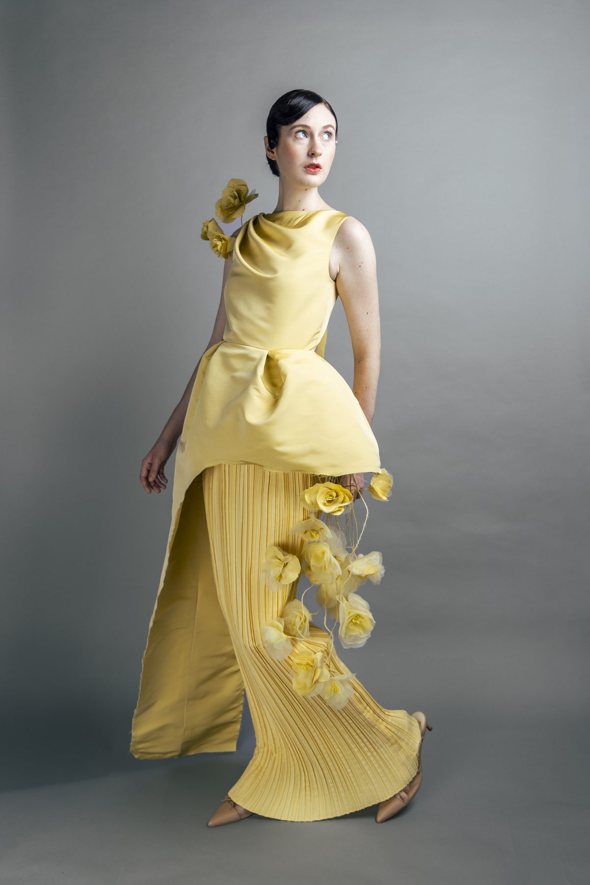 Yellow gown, mid-step