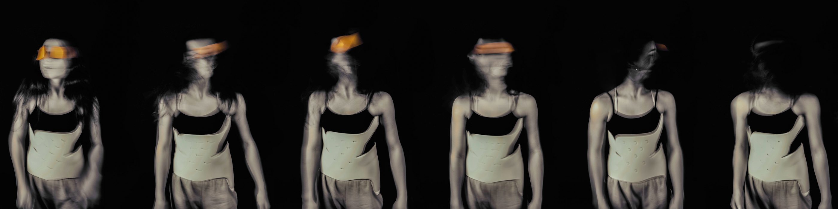 Six-frame sequence of a figure turning, motion blurred